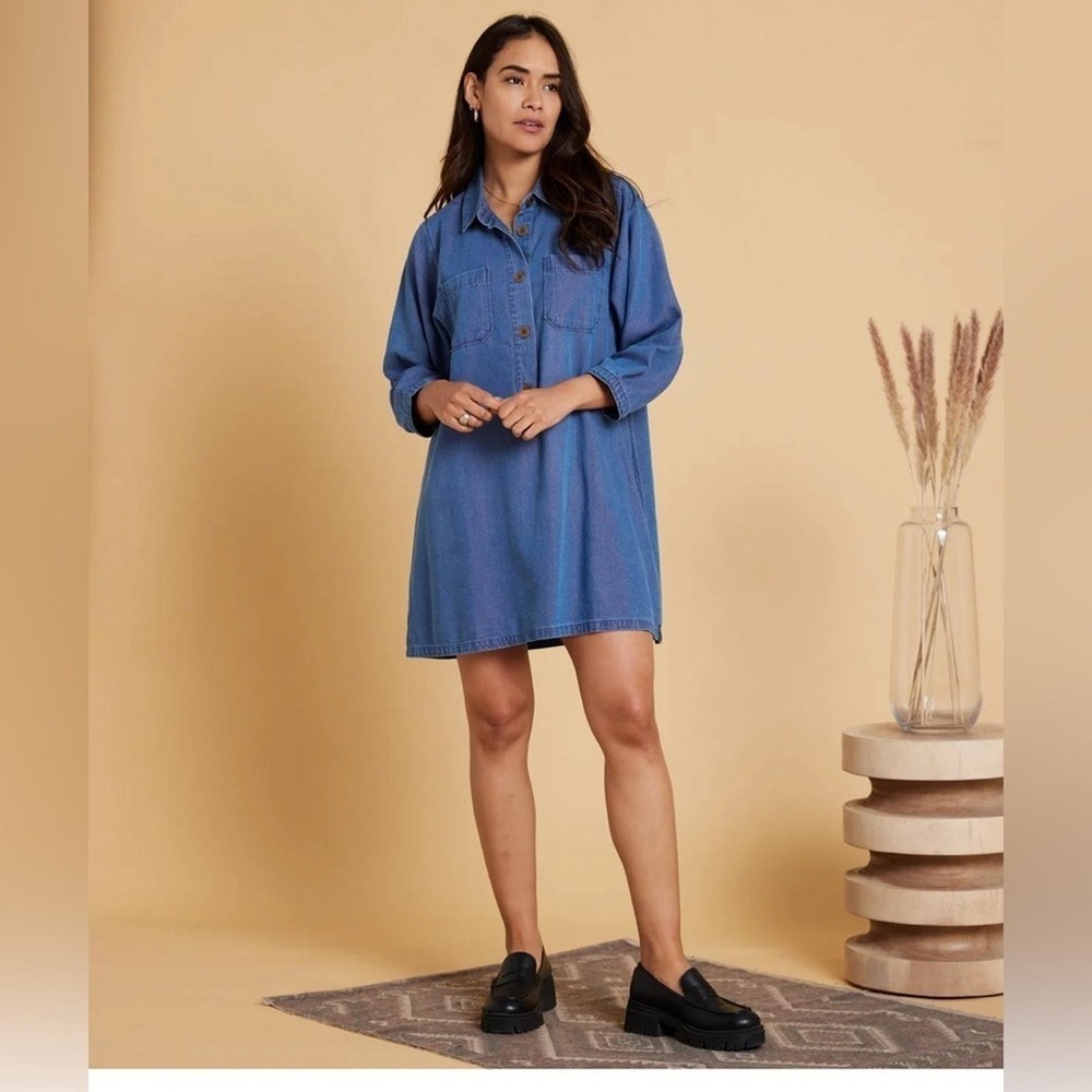 NWT Known Supply Organic Cotton‎ Blend Chambray Denim Gillian Button Up Dress XS